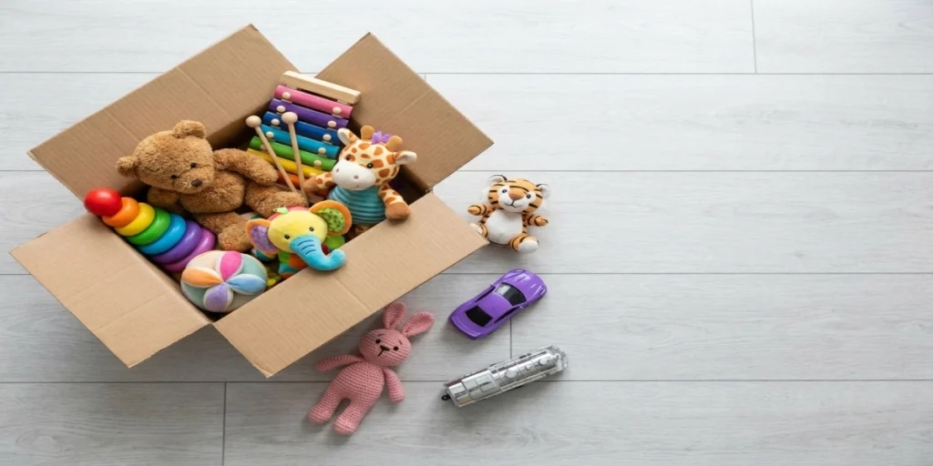 A cardboard shipping box filled with children's toys — a teddy bear, rainbow stacking rings, and plush animals — representing CPSC-regulated children's products imported from China to the United States