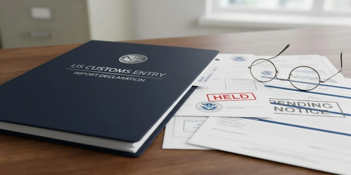 Cargo held in US customs, shown with import documents, a customs entry folder and a held notice stamp