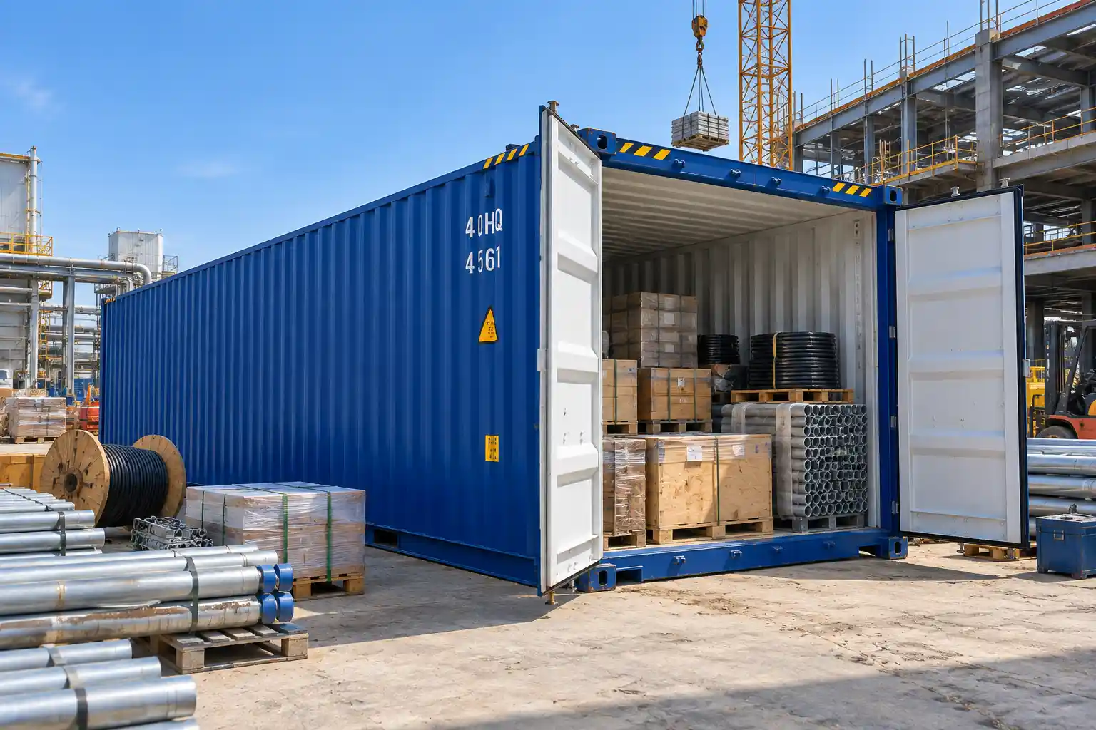 40HQ container storing materials at a construction and installation site