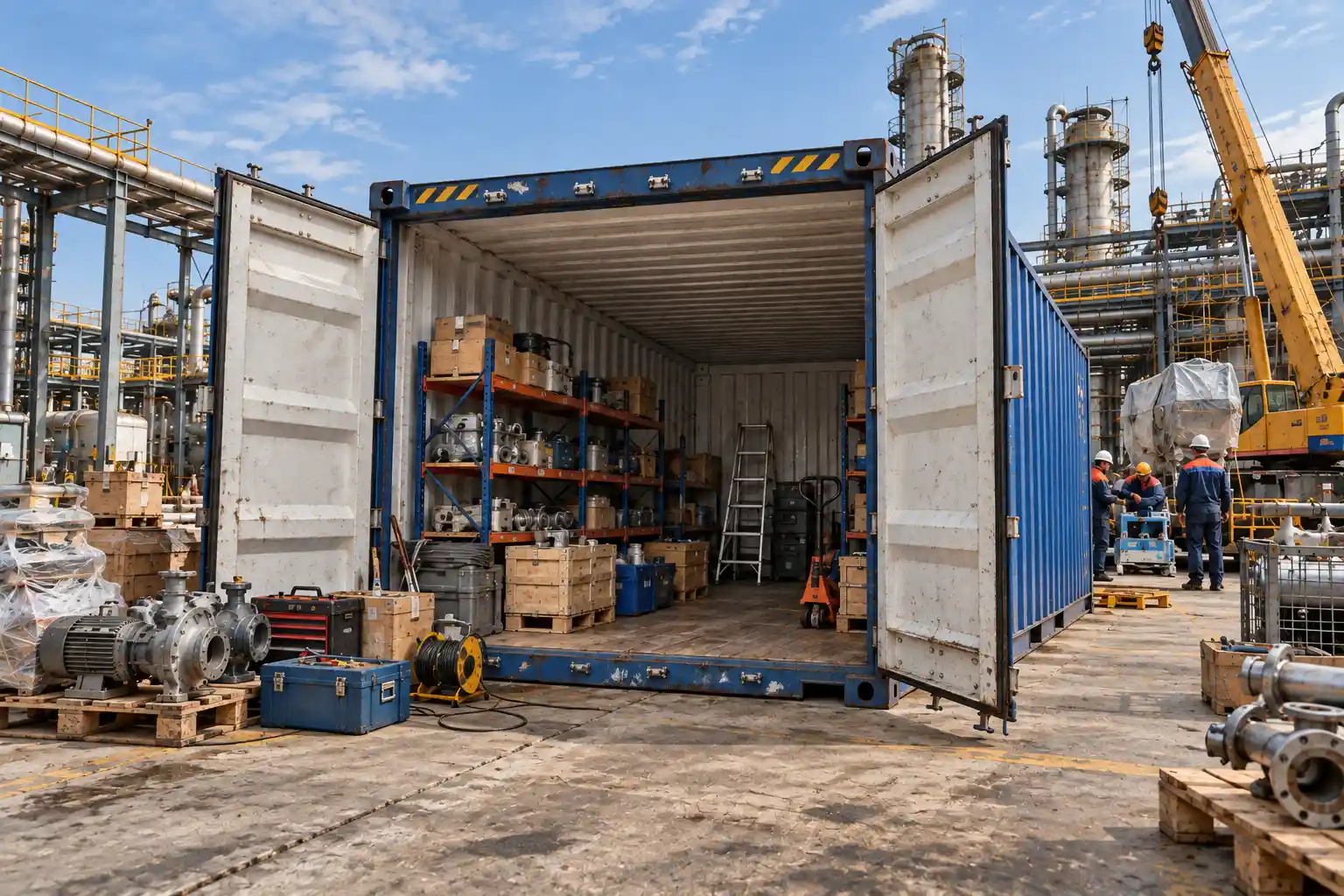 40HQ container storing maintenance equipment and spare parts