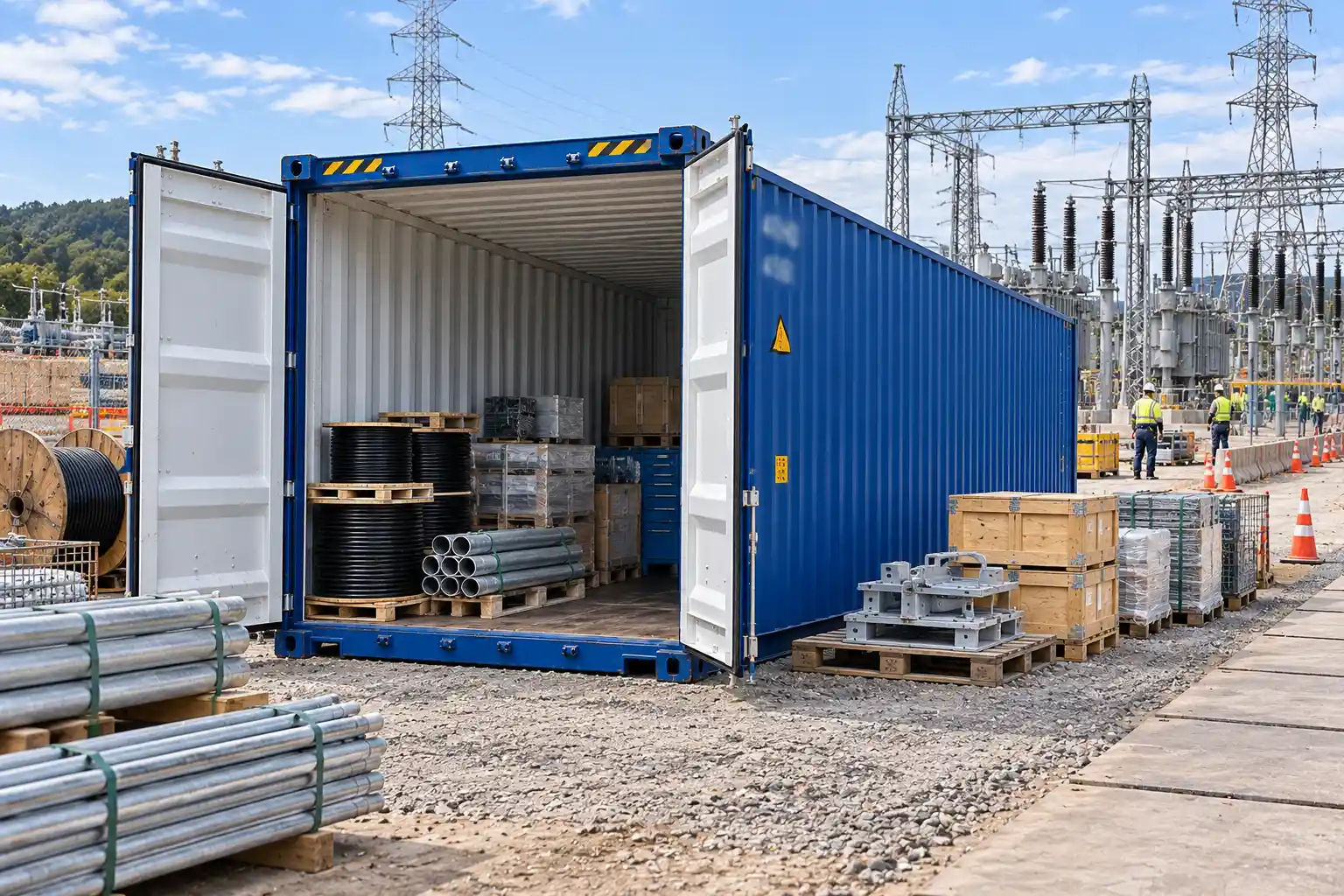 Shipping container used for temporary storage at an infrastructure project