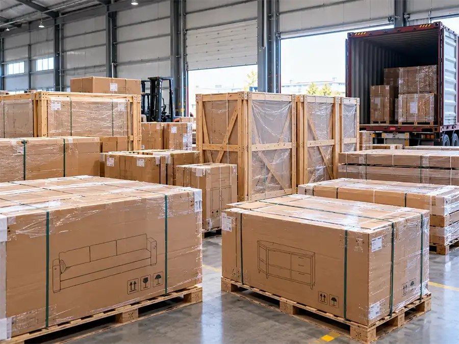 Packed furniture cartons ready for container loading