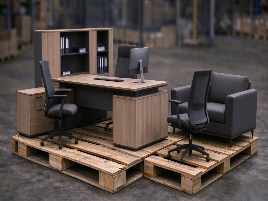 Office desks and chairs prepared for furniture shipping