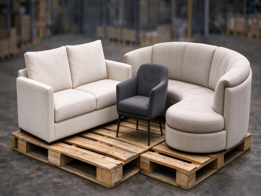 Upholstered sofas and seating prepared for furniture shipping