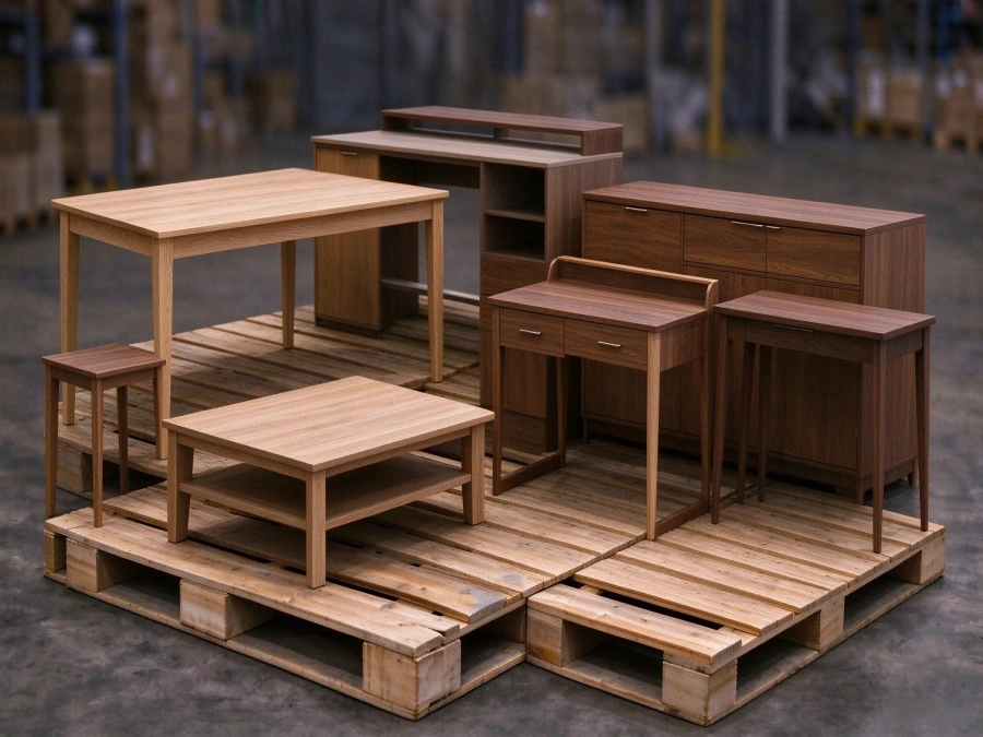 Wooden tables and furniture components prepared for shipping