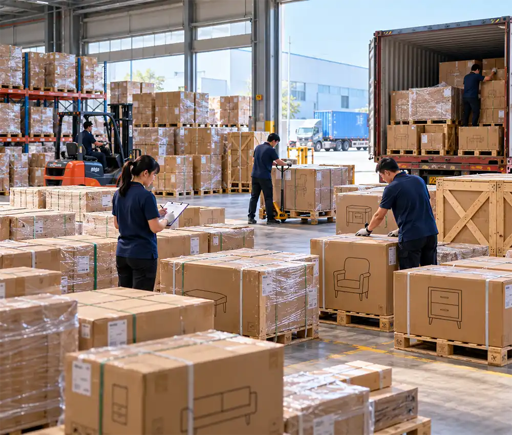 Furniture shipments from several suppliers prepared for consolidation at a China warehouse