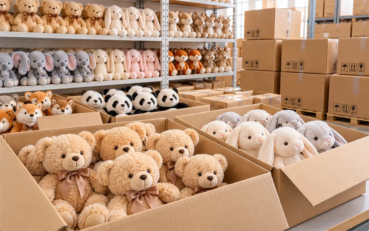 Plush animals and fabric toys prepared for shipment