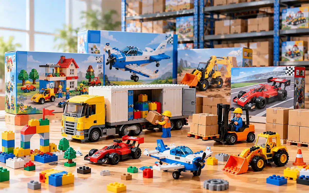 Plastic construction toys and building sets prepared for shipment