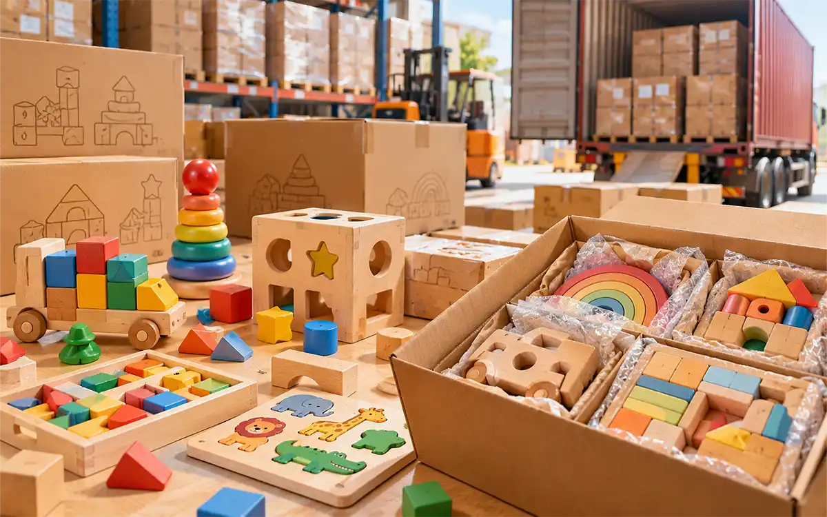 Wooden blocks and learning toys prepared for shipment